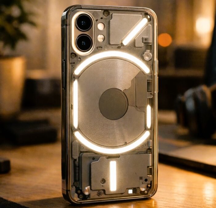 Close-up of Nothing Phone (4a) Pro transparent back with glowing glyph lights and dual camera setup